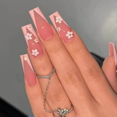 French False Nails Long Coffin Press on Nails Daisy Fake Nails Acrylic Full Cover Ballerina Nails Tips for Women and Girls 24Pcs