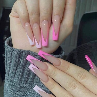 Long Press On Nails- Pink French Fake Nails Coffin False Nails Acrylic Full Cover Tips for Wonen and Girls 24 PCS