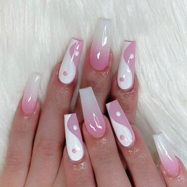 Press On Nails Long Pink Gradient Fake Nails Coffin False Nails Acrylic Stick On Nails for Wonen and Girls 24 PCS