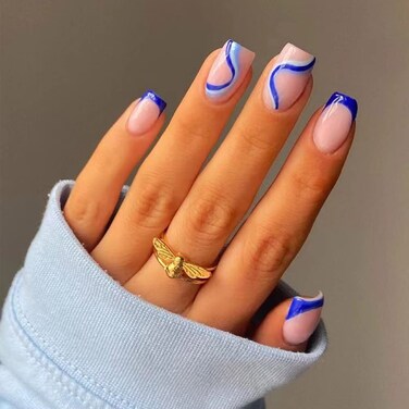 Short Square Press on Nails French False Nails Acrylic Full Cover Glossy Fake Nails Blue Swirl Tips for Women and Girls 24PCS