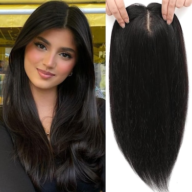 Human Hair Toppers Hair Pieces for Women Real Human Hair Topper No Bangs 15 inch Human Hair Toppers for Women 8x7.5inch Skin Scalp Big Base Hair Toppers (Natural Black)