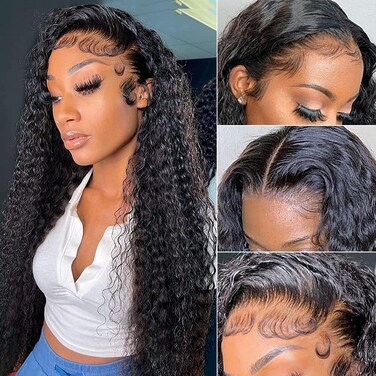 Wingirl 13x4 HD Deep Wave Lace Front Wigs Human Hair Pre Plucked with Baby Hair Transparent 180 Density Glueless Lace Frontal Human Hair Wigs for Women Natural Black Colo
