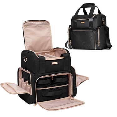 Large Cosmetic Bag with 3 Removable Case, Double Layer Travel Organizer with Inner Dividers and Makeup Brushes Storage Section, Black (Patented Design)