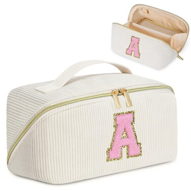 Gifts for Girls, Initial Travel Makeup Bag Women's Day Gift Make up Bag Cosmetic Bags Monther's Day Gifts, Personalized Stuff Bag Cute Makeup Bag Birthday Gifts for Women/Friend/Mother - A