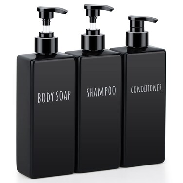 Segbeauty Square Soap Dispenser Black, 3pcs 16.9oz Refillable Shampoo and Conditioner Bottles, 500ml Empty Reusable Plastic Pump Bottle Bathroom Shower Dispenser Set for Body Wash Liquid Gel Lotion