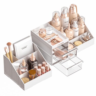 Makeup Organizer,2 In 1 Skincare Organizer And Makeup Tray Set,High-Capacity Large Cosmetic And Beauty Supplies Organizer Storage For Vanity Bathroom,Countertop,Bedroom-White-2 Drawers