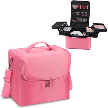 Makeup Travel Train Case, Large Pink Makeup Nail Polish Organizer Bag, 4 Tier Professional Makeup Bag Storage Box Cosmetic Train Case with Straps Pockets for Nail Tools Jewelry MakeUp Brushes