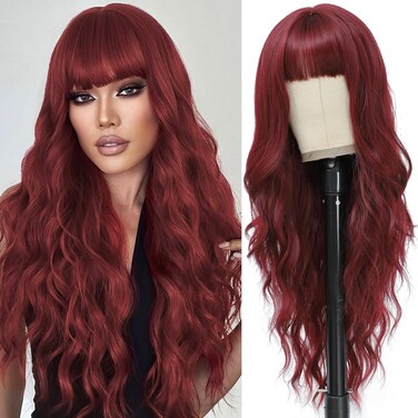 Burgundy Wig with Bangs for Women Long Burgundy Wavy Wigs 26 Inch Dark Red Wigs Natural Looking Heat Resistant Synthetic Wig for Daily Party Use