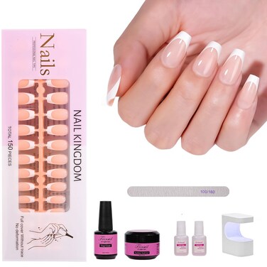 Short Coffin French Gel Nail Tips with Gel Glue, Portable Lamp,Top Coat,150Pcs All In One Pink Soft Pre-colored Press on Nails for Women