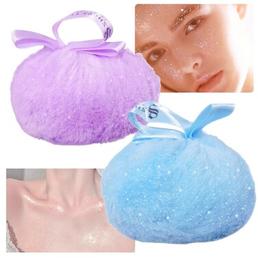 Highlighter Makeup Powder Puff, Body Glitter Shimmer Powder Puff for Body Powder, Face Glitter Loose Powder for Body Face Hair, Long-Lasting, Festival Rave and Makeup Prom (2pcs Blue, Purple)