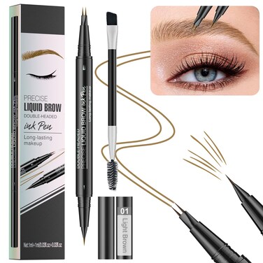 Microblading Eyebrow Pencil - Amazing 2-in-1 Dual-Ended Eyebrow Pen with 2-Fork-Tip and Precise Brush-Tip - Waterproof Eyebrow Pen for Natural Hair-Like Brows That Lasts All Day, Light Brown
