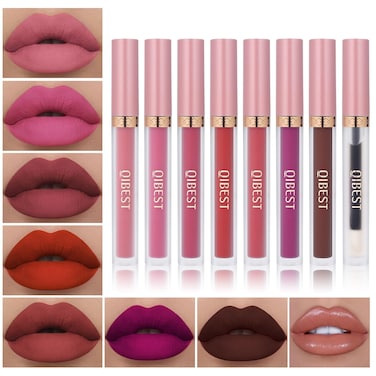 QiBest 7Pcs Matte Liquid Lipstick and 1Pcs Lip Plumper Makeup Set, Pigmented Waterproof Halloween Lip Make Up Valentine's Gift Lip Gloss Sets Long Wearing Velvet Lip Kit for Teens &amp; Women