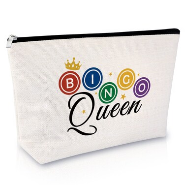 Sfodiary Bingo Game Gifts for Teens Makeup Bag Bingo Lover &amp; Queen for Gambler Player Casino Lovers Cosmetic Bag Anniversary Birthday for Women Friends Travel Cosmetic Pouch