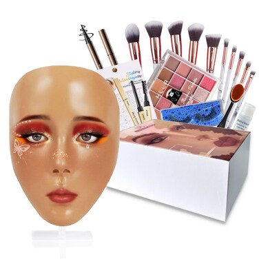 Makeup Mannequin Face Kit, Silicone Face for Makeup Practice Full Face for Must Haves, Mannequin Eye Face for Makeup Practice with Makeup Brushes Set &amp; Eye Shadow &amp; Eyebrow Pencil(Wheat)