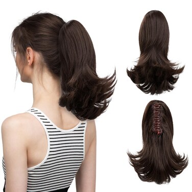 CJL HAIR Dark Brown Claw Clip Ponytail Extension Drawstring Short Wavy Curly Pony tails Synthetic Fake Instant Shake and Go Hairpieces Hair Pieces for Women Girls Kids