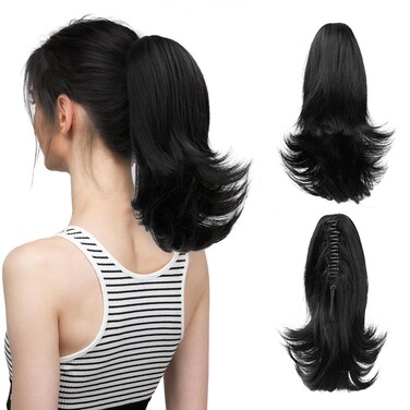 CJL HAIR Claw Clip Ponytail Extension Drawstring Black Short Curly Wavy Fake Faux Pony tails 12 Inch Synthetic Heat Friendly Fiber Hair Pieces for Women Girls Kids
