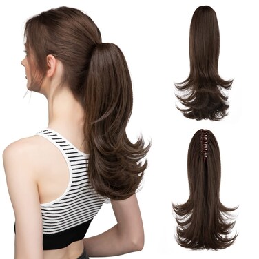CJL HAIR 14 Inch Claw Clip in Dark Brown Ponytail Extension Synthetic Curly Wavy Fake Faux Hair Pony Tail Hair Piece High Temperature Fiber Hairpieces for Women Girls Kids (Dark Brown)