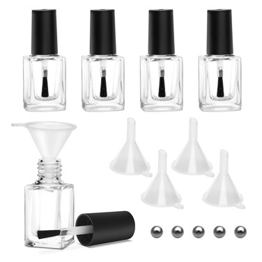 AHIER Empty Nail Polish Clear Bottles with Brush Cap Funnel and Mixing Ball(7ml 5p)