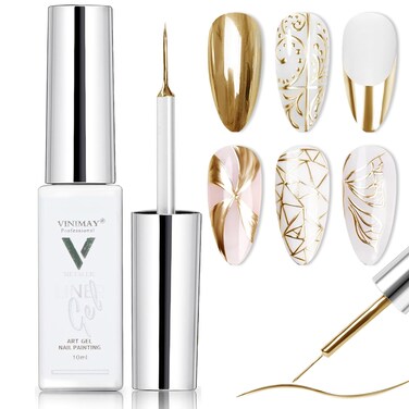 Metallic Mirror Painting Liner Gel Polish, Gold Metal Painted Drawing Gel with Build in Thin Brush, Mirror Chrome Gel Polish Nail Art Gel Liner Soak Off DIY Nail Art Manicure