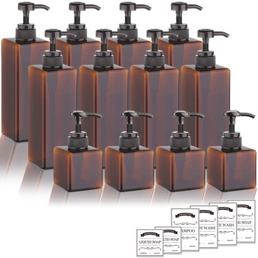 12 Pack Shampoo and Conditioner Dispenser Bottles, 8 Pack 22 Oz and 4 Pack 8 Oz Refillable Square Plastic Pump Bottles, Shower Soap Dispenser for Shampoo Conditioner Body Wash (Amber)