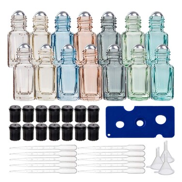 BENECREAT 14 Packs 3ml Multi-color Travel Essential Oil Roller Bottle Mini Glass Cosmetic Vials with Opener, Dropper and Funnel for Essential Oils Perfumes Aromatherapy