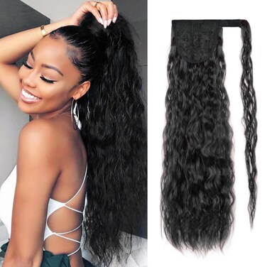 Corn Wave Ponytail Extension Wrap Around 26 Inches Long Curly Wavy Pony Tail Extension Synthetic Black Ponytails Hairpiece for Women Girls (26 Inches, 1B Natural Black)