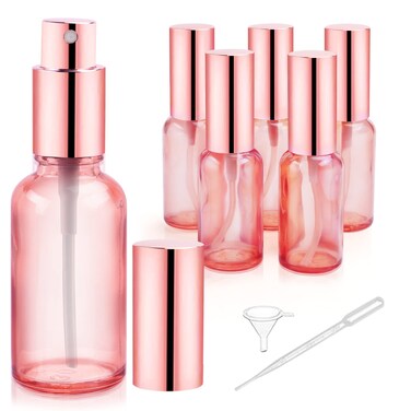 6 Pack 1 Oz Pink Glass Spray Bottles,Empty Perfume Fine Mist Atomizer,Rose-Golden Pump Head Travel Liquid Holder Containers for Cologne,Essential Oils,Body Sprays