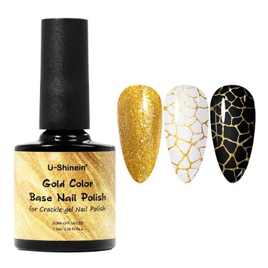 Gold Base Nail Polish for Crackle Gel Nail Polish, Amazing Crackle Nails Polish Effect Patterned Nail, Long-lasting &amp; Cool Crackle Air Dry UV LED Lamp Needed Nail Gel Polish
