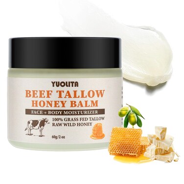 Beef Tallow for Skin, Beef Tallow and Honey Balm, Unscented Grass-Fed Beef Tallow &amp; Raw Wild Honey Balm, All-Natural Moisturizer Hydrating Nourishing for Face &amp; Body - 2 oz