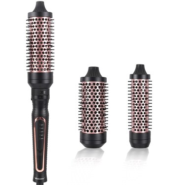 Vagary 3 in 1 Thermal Set - Heated Round Brush for Blowout Look, Dual Voltage Curling Iron, Ceramic Tourmaline, 3 Detachable Combs, 5 Temperature Settings