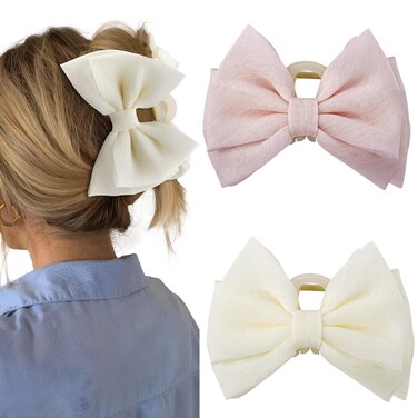 2PCS Large Bow Hair Claw Clips For Women, Cute Unique Bows Hair Clips, 5 Inch Fabrics Bows Claws For Thick And Thin Hair, White And Pink