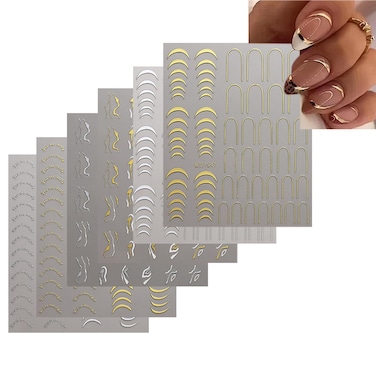 6 Pcs/Set French Tip Nail Art Stickers Decals Gold Silver Wave Stripe Line Nail Decals 3D Self-Adhesive Nail Art Supplies Nail Accessories for Women DIY Nail Decals Charms Manicure Decorations