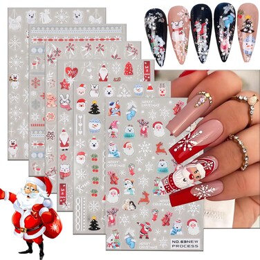 Christmas Nail Art Sticker Decals 3D Embossed Santa Claus Snowflake Design Nail Decals Self-Adhesive Nail Art Supplies Elk Snowman Nail Art Sticker Decoration for Women Manicure Accessories Supplies