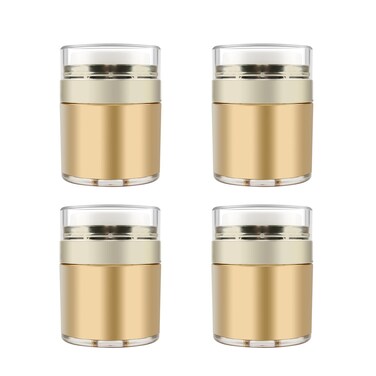 Airless Pump Jar,4 Pack 1 oz/30ml Empty Acrylic Vacuum Jar with Press Pump,Portable Travel Face Cream Lotion Sample Cosmetic Container Pot for Makeup,Essence,Moisturizer,Eye Cream-Golden
