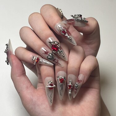 BABALAL Stiletto Press On Nails - Long, Fake, Sliver Glue, 3D, Red Planet Heart, Y2k Acrylic, 24pcs Almond Goth Manicure, Artificial Punk False Nails for Women &amp; Girls