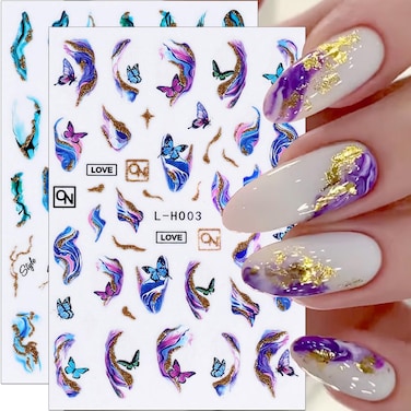 4 Sheets Purple Marble Smoky Nail Stickers,Blue Abstract Geometry Line Nail Art Stickers Golden Wave Lines Nail Decals Spring Butterfly Nail Design Sticker Nails For Nail Art Supplies Nail Accessories