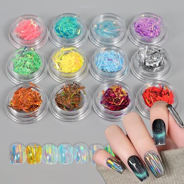 12 Boxes Gradient Aurora Glass Paper Nail Sticker Foil Nail Art Holographic Multi-Color Glass Reflective Mirror Design Broken Stripe Line Nail Decals Cellophane Films(Color 21#-32#)
