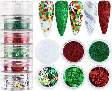 Christmas Nail Art Glitters Sequins, Winter Red Green Nail Art Flakes 3D Holographic White Snowflake Nail Decals Sparkly Christmas Nail Art Designs Winter Nail Art Decorations Accessories for Women