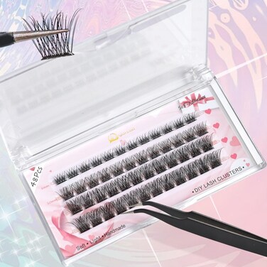 Q&amp;D LASH Cluster Lashes Kit, Self Adhesive Eyelashes D curl 8-14mm Mixed Length No Glue Easy to Apply,including 48 Clusters,1 Applicator DIY Individual Lashes At Home (0.07-D-8-14mm, A4)