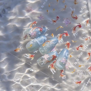 Goldfish Nail Art Stickers Sparkly Koi Fish Nail Stickers 5D Embossed Koi Lotus Lucky Red Koi Fish Self-Adhesive Nail Design Shell Light Goldfish Adhesive Slider for Women DIY Nail Art Decorations