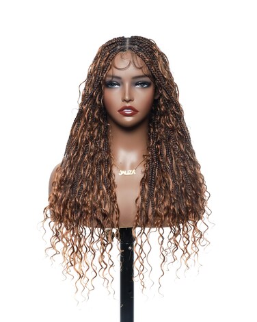 24" Glueless Pre Cut HD Full Elastic Lace Lightweight Ready-To-Go Human Hair Boho Box Braided Wig Boho Curls for Black Women, 100 Strands, Ombre Brown