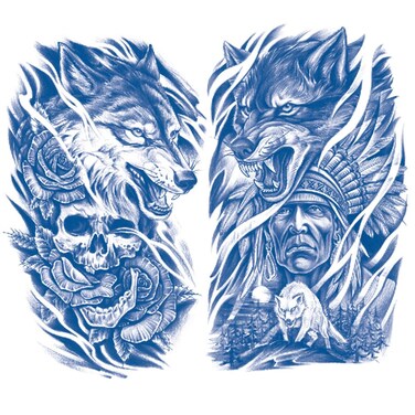 2 Sheets Semi Permanent Waterproof Temporary Tattoos, Lasts 1-2 Weeks, Realistic Look, No Adhesive, No Reflection Adult Body Art Stickers, Roar Wolf Indian Skull Flower