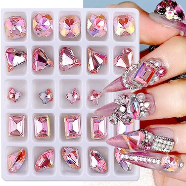 Dornail 25 Pcs Pink Nail Rhinestones &amp; Charms, Shiny Butterfly &amp; Heart Shapes, Rectangular Rhinestones &amp; Diamonds for DIY Craft &amp; Jewelry Nail Design
