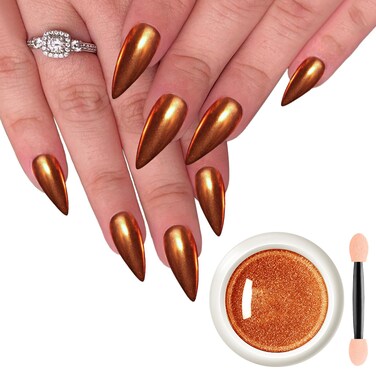 Copper Chrome Nail Powder Metallic Mirror Effect Solid Orange Red Pearl Glitter Dust for Gel Nails Design Manicure Pigment Powder Decorations 0.3g with Tool