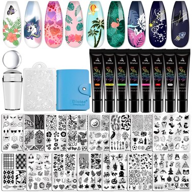 Biutee Nail Stamper Kit Nail Stamp Plate set 15 pcs Nail Plates 8 pcs Stamp Gel 1 pcs Nail Stamper Scraper Set Storage Bag Gift Box Nail Stamp Template Kit Flower Lace Flower Star Holiday Design