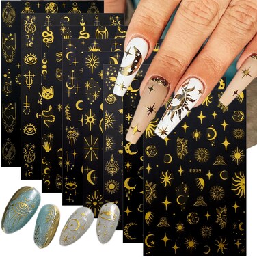 8 Sheets Metallic Sun Star Nail Art Stickers Moon Nail Stickers 3D Self-Adhesive Gold Nail Decals Sun God Asterisk Snake Eyes Nail Design Stickers for Women Acrylic Nails DIY Decoration Supplies
