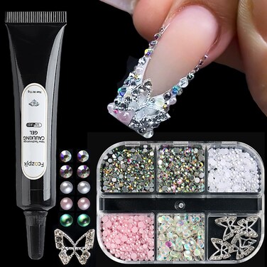 3D Silver Butterfly Nail Charms Kit, Small Size Metal Diamond Butterfly Rhinestones for Nails, Small Flat Back Nail Gems and Rhinestones with 15g Gel Glue for Rhinestones, UV Cured Drill Nail Glue