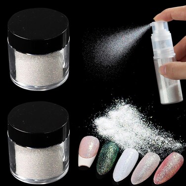 Unicorn Nail Glitter Powder with Glitter Spray Bottle, Extra Fine White Nail Glitter Pigment, Empty 14ml Powder Duster Sprayer Bottle, Tools for Ombre Nail Design, Spray Glitter for Crafts