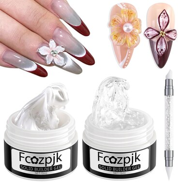 Solid Builder Gel for Nails, Pearly White &amp; Clear Solid Builder Gel Non-Sticky Hard Gel for Nails with Silicone Carving Pen 3D Sculpting Gel Iridescent Nail Gel Manicure Salon Supplies