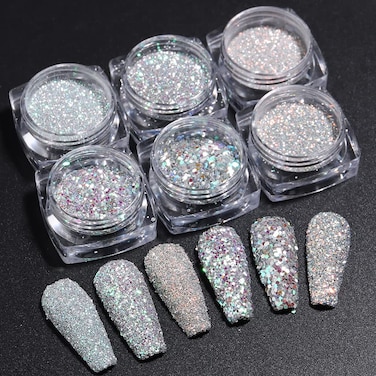 Reflective Nail Glitter Powder 6 Boxes Sparkling Diamond Glitter for Nails Iridescent Sequins Holographic Glitter Super Bright Pigment Dust Glitter Nail Art Decor